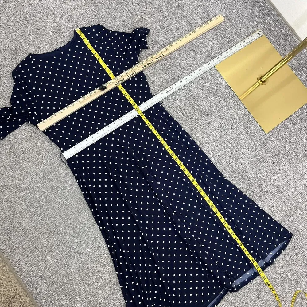Anne Klein Dress Womens 10 Blue Polka Dot Belted Midi Fit Flare Work Office - Picture 7 of 8